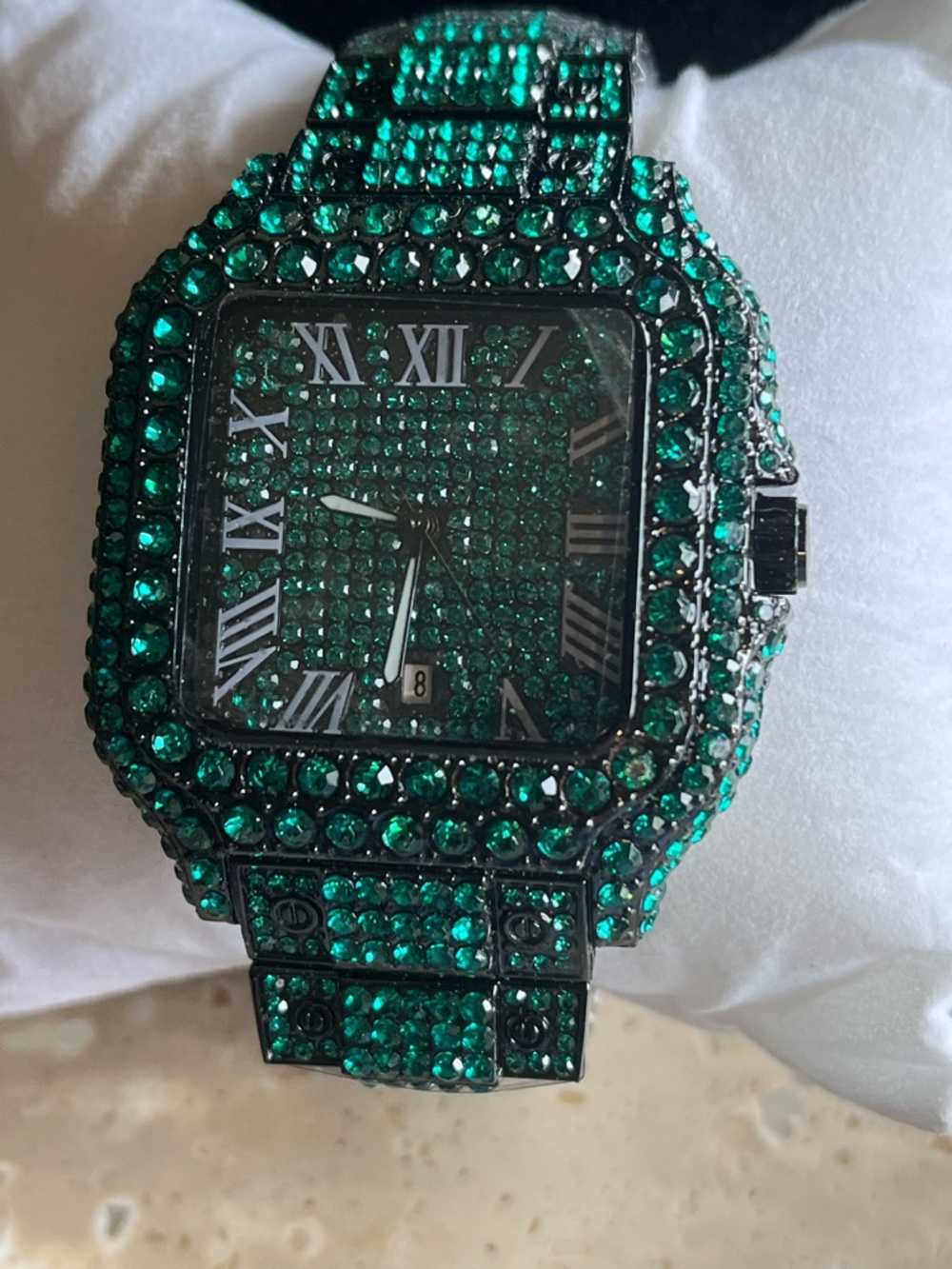Emerald Green Crystal-Studded Square Watch